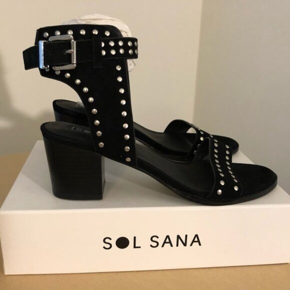 NIB Sol Sana Studded Black Suede Heeled Sandals - Picture 2 of 10